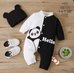 3-6-9-12 Ay Kulaklı Şapkalı Hello Panda Baskılı Çıtçıt Kapama Kız Erkek Bebek Tulumu(ayakkabısız)