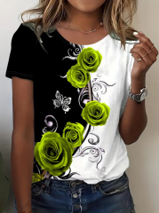 Kadın Kısa Kollu Gül Baskı Süprem T-shirt