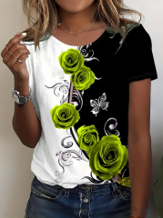 Kadın Kısa Kollu Gül Baskı Süprem T-shirt