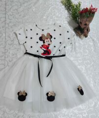 2-3-4 Yaş Puantiyeli Mickey Baskılı Kurdela Kuşaklı Astarlı Kız Bebek Tütü Elbisesi
