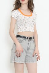 Geniş Yaka Crop Bluz Turuncu - 18196.1723.