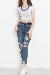 Geniş Yaka Crop Bluz Mavi - 18196.1723.