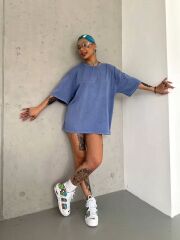 Unisex Yıkamalı T-Shirt - Mavi