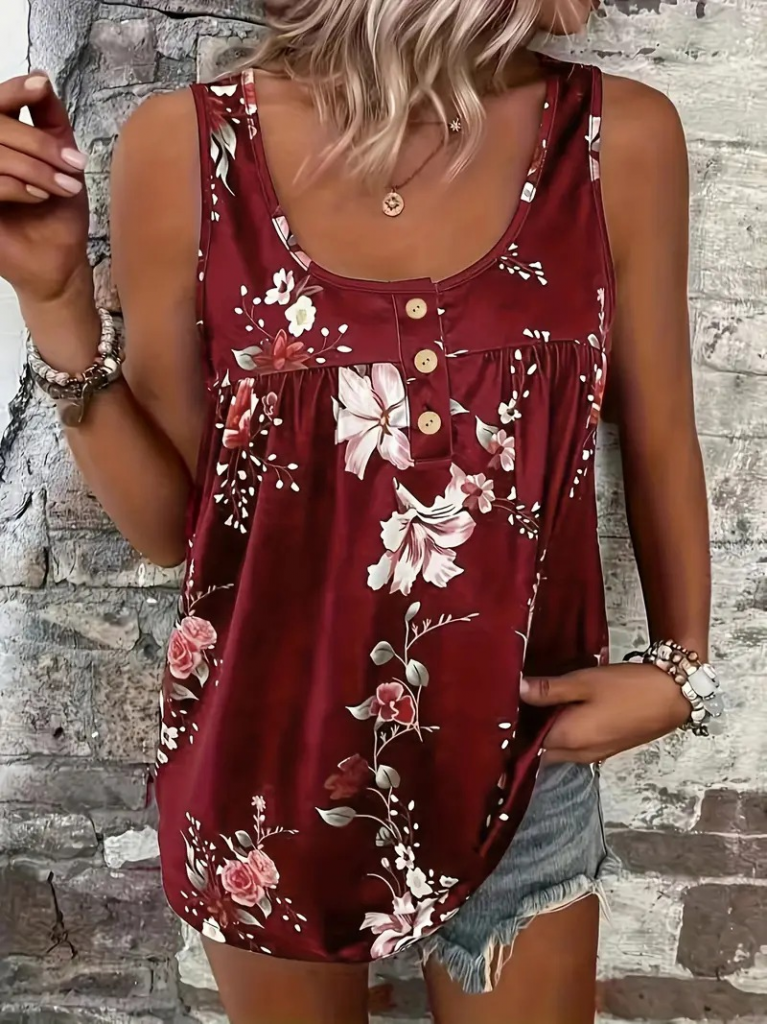 Kadın Kalın Askılı önü Düğme Detay çiçek Desen Bluz