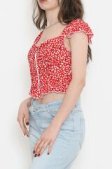 Fermuarlı Crop Bluz Kırmızıçiçekli - 18473.1153.