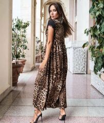 Kadın Kısa Kollu Leopar Desen Güpür Detay Jesika Kumaş Maxi Boy Elbise