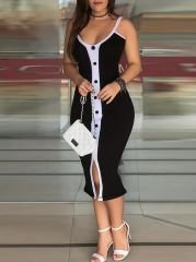 Kadın Askılı önü Düğmeli Beyaz şerit Detay Midi Boy Dalgıç Elbise