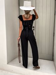 Kadın Keten Kumaş Fiyonk Detaylı Fırfır Askılı Pantolon Crop Ikili Takım