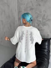 Unisex Taşlı Bisiklet Yaka T-Shirt - Beyaz