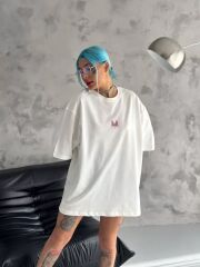 Unisex Taşlı Bisiklet Yaka T-Shirt - Beyaz