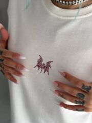 Unisex Taşlı Bisiklet Yaka T-Shirt - Beyaz