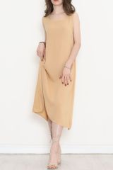 Oval Yaka Elbise Bej - 152489.1835.