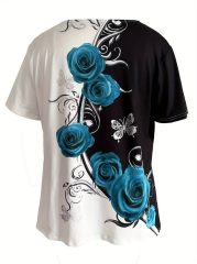 Kadın Kısa Kollu Gül Baskı Süprem T-shirt