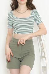 Çizgili Crop Bluz Yeşil - 80051.1059.