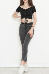Ön Bağlamalı Crop Bluz Siyah - 18427.631.