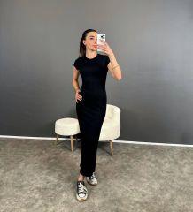 Kadın Bisiklet Yaka Kısa Kollu Maxi Boy Kalem Elbise