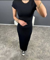 Kadın Bisiklet Yaka Kısa Kollu Maxi Boy Kalem Elbise