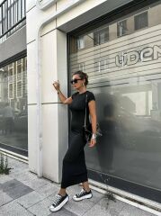 Kadın Bisiklet Yaka Kısa Kollu Maxi Boy Kalem Elbise