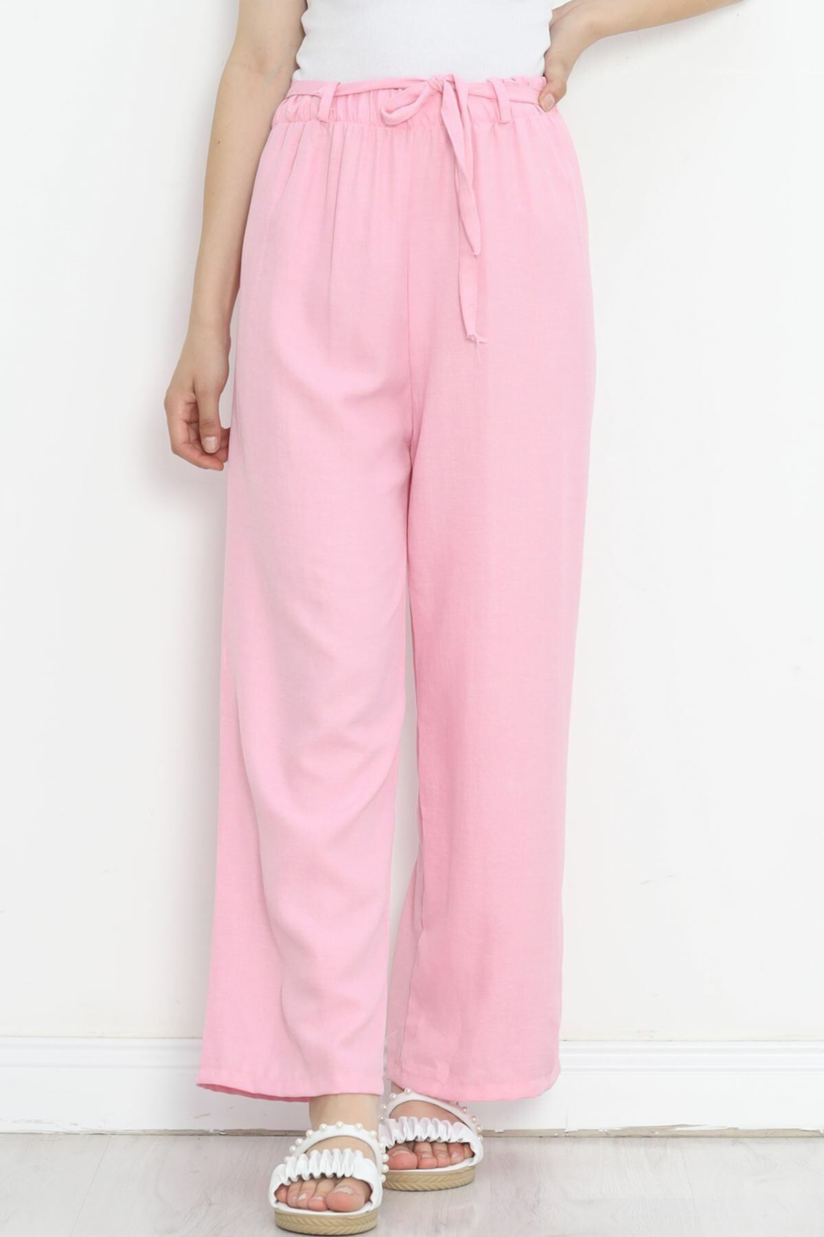 Bel Kuşaklı Keten Pantolon Pembe - 15265.1726.