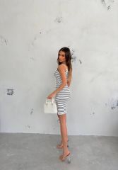Kadın çizgili Burgu Kumaş Askılı V Yaka Mini Boy Elbise
