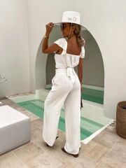 Kadın Keten Kumaş Fiyonk Detaylı Fırfır Askılı Pantolon Crop Ikili Takım