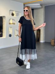 Kadın Modal Kumaş Ribana Yaka Tül Detaylı Maxi Boy Elbise