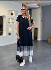 Kadın Modal Kumaş Ribana Yaka Tül Detaylı Maxi Boy Elbise