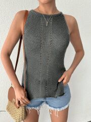 Kadın Askılı Halter Yaka Etek Ucu Oval Kesim Triko Bluz