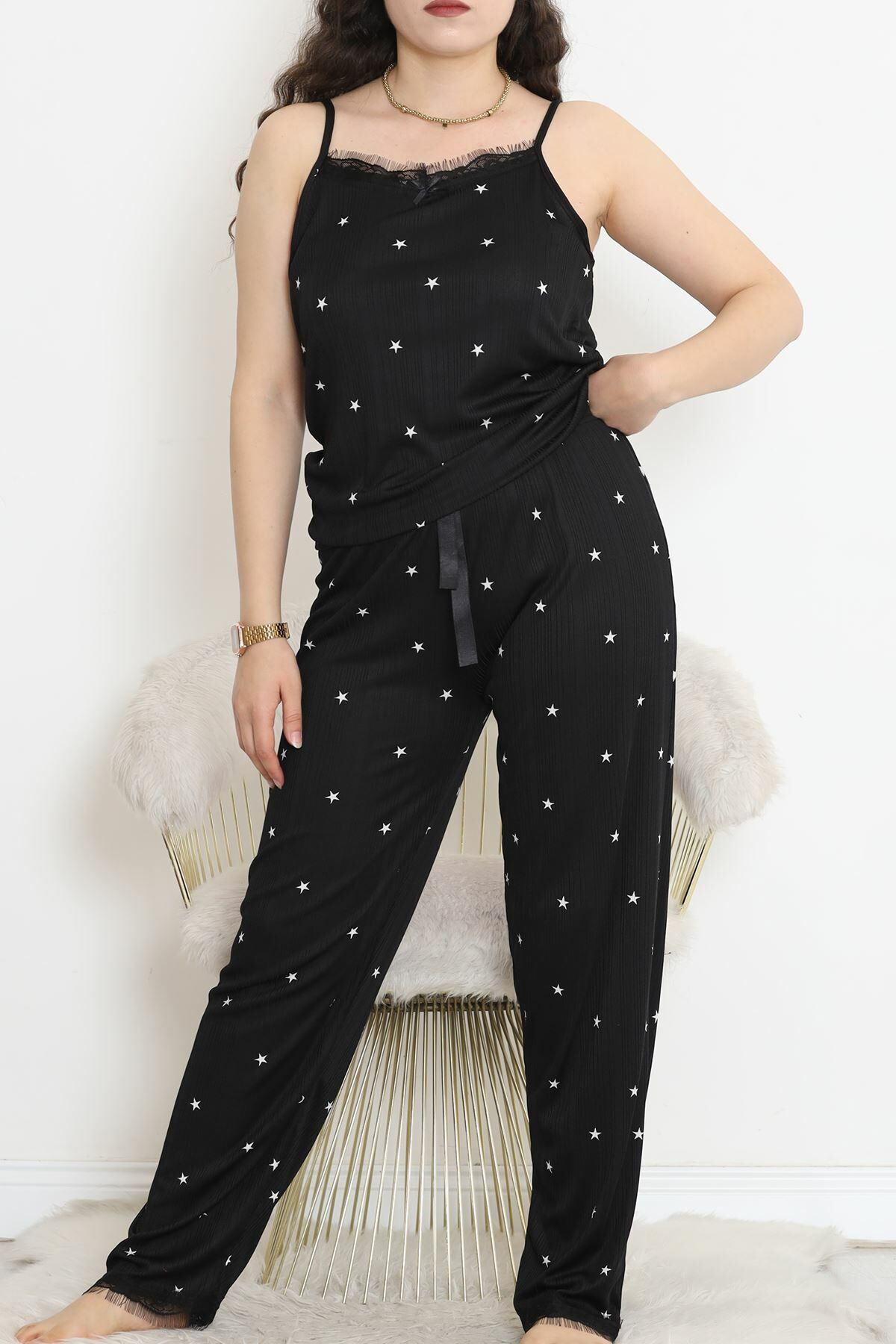 İp Askılı Battal Pijama Takımı Beyazsiyah - 174.1287.