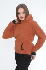 Kadın Kanguru çep Ribana Detay Kapşonlu Peluş Sweat