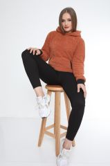 Kadın Kanguru çep Ribana Detay Kapşonlu Peluş Sweat