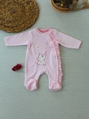 3-6 6-9 9-12 Ay Romantik Fil Nakışlı Pembe Süslü Kız Bebek Tulumu