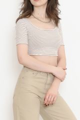 Çizgili Crop Bluz Vizon - 80051.1059.