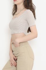 Çizgili Crop Bluz Vizon - 80051.1059.