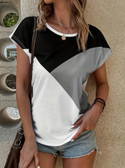 Kadın Bisiklet Yaka üç Renk Viskon T-shirt