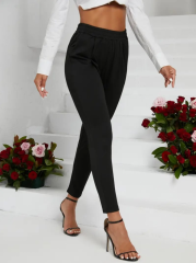 Kadın Pile Detay Beli Lastikli Günlük Slim Fit Viskon Iki Iplik Pantolon