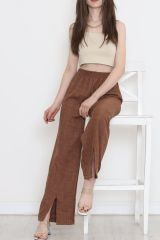 Paça Yırtmaçlı Keten Pantolon Acıkahve - 15267.1778.