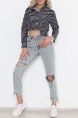 Çizgili Crop Gömlek Siyahbeyaz - 634.1247.