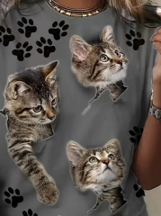 Kadın Kısa Kollu Kedi Ve Pati Baskılı Süprem T-shirt