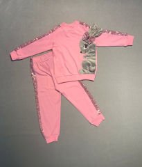 1-2-3 Yaş Payetli Pelüş Tavşan Desenli Likra Penye Kumaş Sweat Pantolonlu Kız 2li Çocuk Takımı