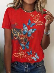 Kadın Kısa Kollu Mavi Sarı Kelebek Baskı Süprem T-shirt