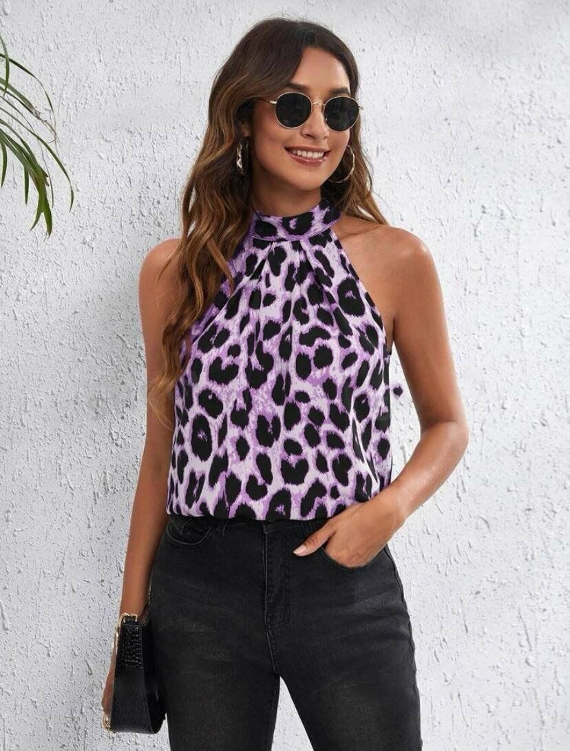 Kadın Halter Yaka Leopar Desenli Mikro Kumaş Bluz