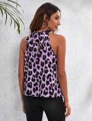 Kadın Halter Yaka Leopar Desenli Mikro Kumaş Bluz