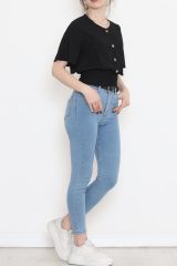 Düğmeli Beli Lastikli Bluz Siyah - 18470.1153.