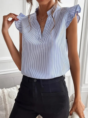 Kadın Kısa Kollu V Hakim Yaka Kolları Fırfırlı Poplin Polyester Bluz