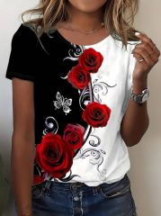 Kadın Kısa Kollu Gül Baskı Süprem T-shirt