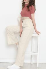 Paça Yırtmaçlı Keten Pantolon Taş - 17656.1247.
