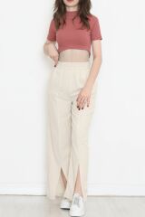 Paça Yırtmaçlı Keten Pantolon Taş - 17656.1247.