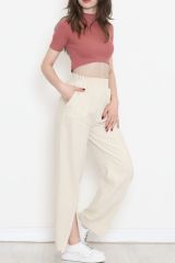 Paça Yırtmaçlı Keten Pantolon Taş - 17656.1247.