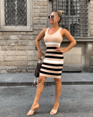 Çizgili Triko Kumaş Askılı Midiboy Elbise